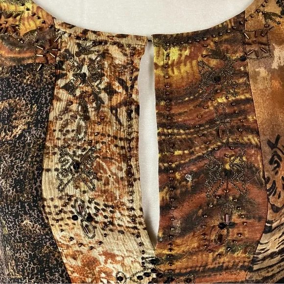 CHICO'S Patchwork Tunic Blouse L Linen Silk Dressy Beads Artsy Lagenlook Resort - Picture 6 of 14